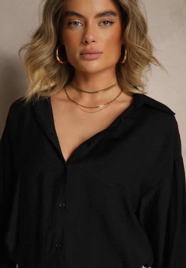 Czarna Koszula z Wiskozy z Ozdobną Kieszonką Dovanna