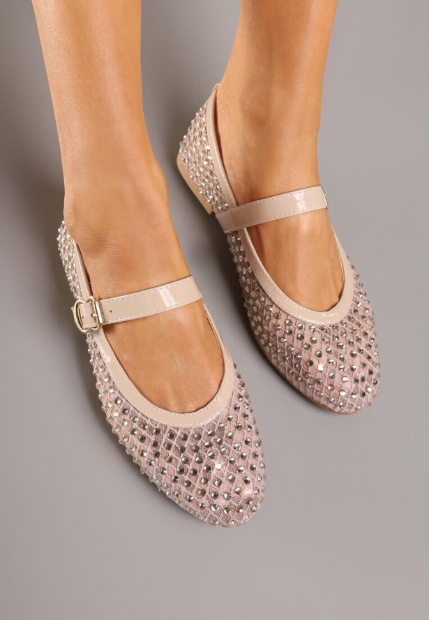 Beżowe Siateczkowe Balerinki Ozdobione Cyrkoniami Telasaria