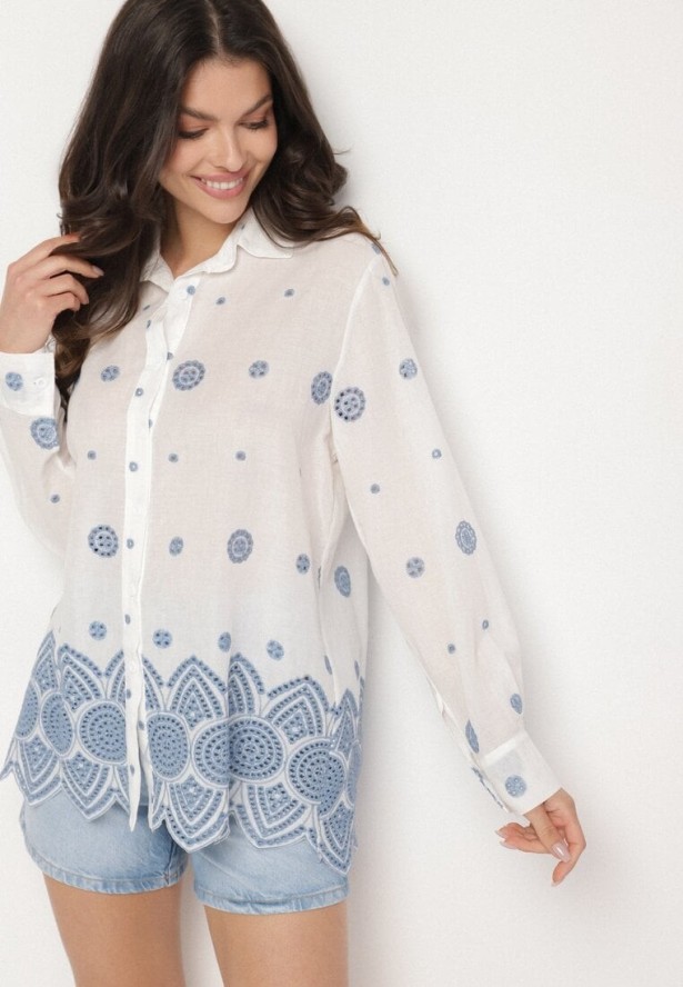 Biała Bawełniana Koszula Zdobiona Haftem Izana