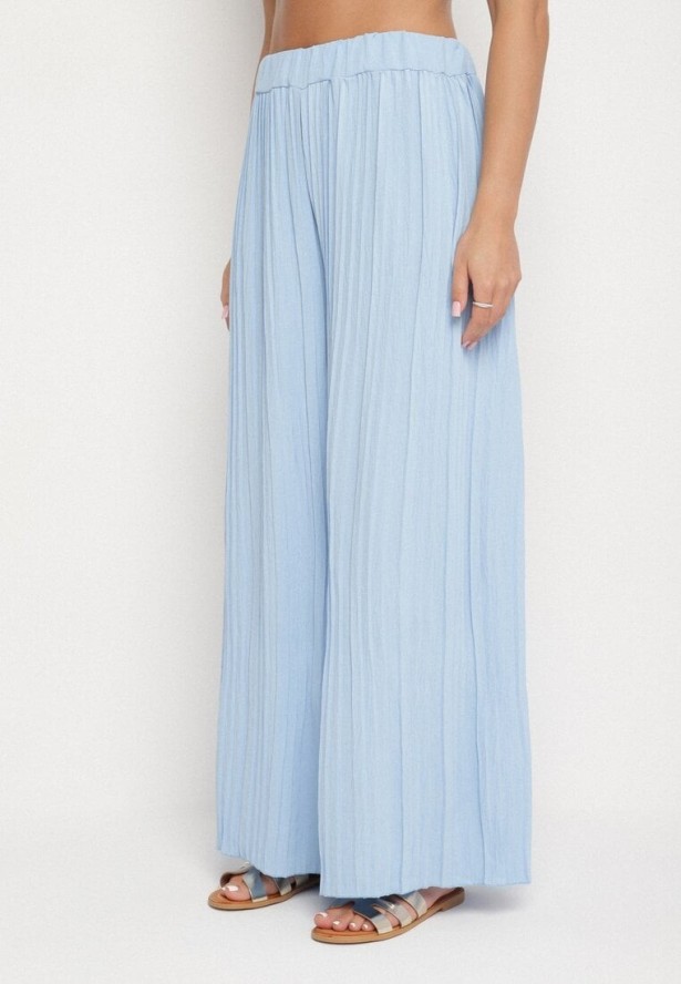 Niebieski Komplet Bluzka z Wiązanym Paskiem i Szerokie Spodnie Dolarea