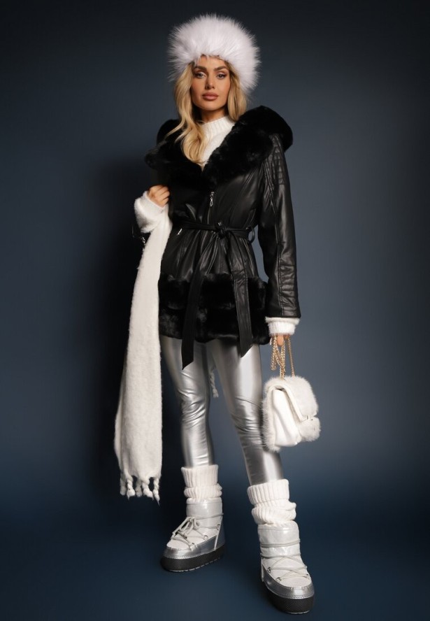 Czarna Kurtka z Imitacji Skóry i Futerka z Kapturem i Wiązanym Paskiem Isotalo