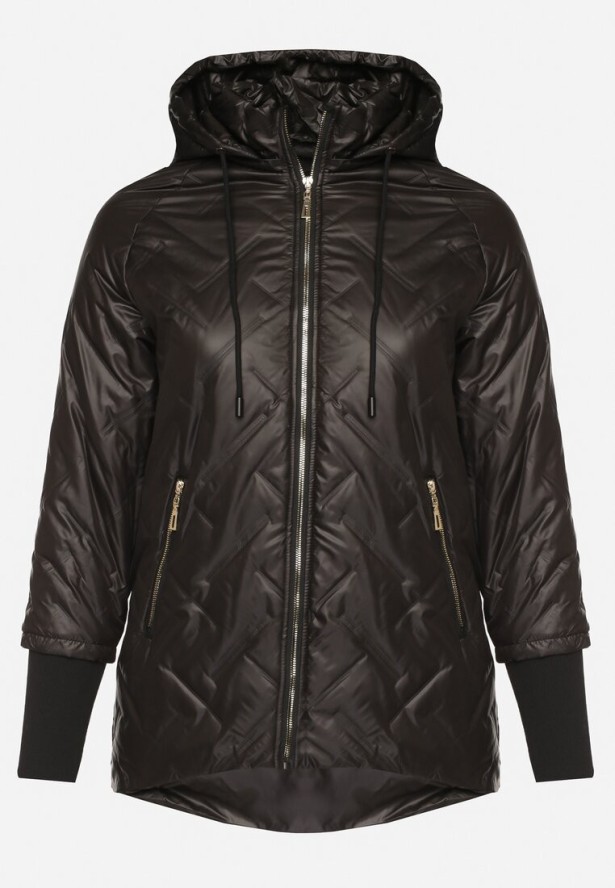 Czarna Kurtka Pikowana z Odpinanym Kapturem z Dłuższym Tyłem Rivselia