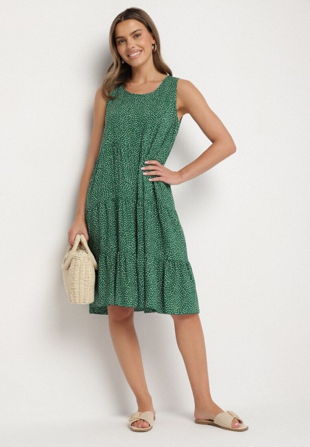 Zielona Bawełniana Sukienka w Kropki z Falbanami Zerolia