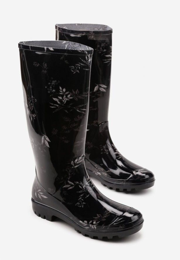 Czarne Kalosze ze Wzorem Liści Rilenella