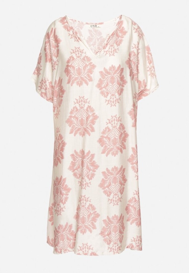 Różowa Pudełkowa Sukienka z Wiskozy Ozdobiona Geometrycznym Wzorem Emilavie