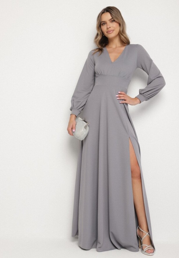 Szara Rozkloszowana Sukienka Koktajlowa z Bufiastymi Rękawami i Rozcięciem na Nogę Erqellia