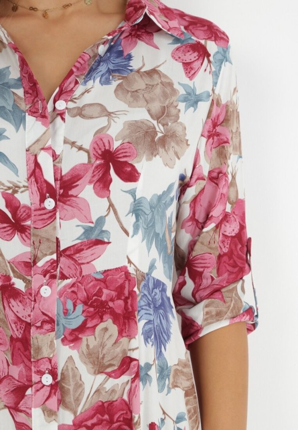 Biała Sukienka Koszulowa z Rozcięciem w Kwiaty Vethere