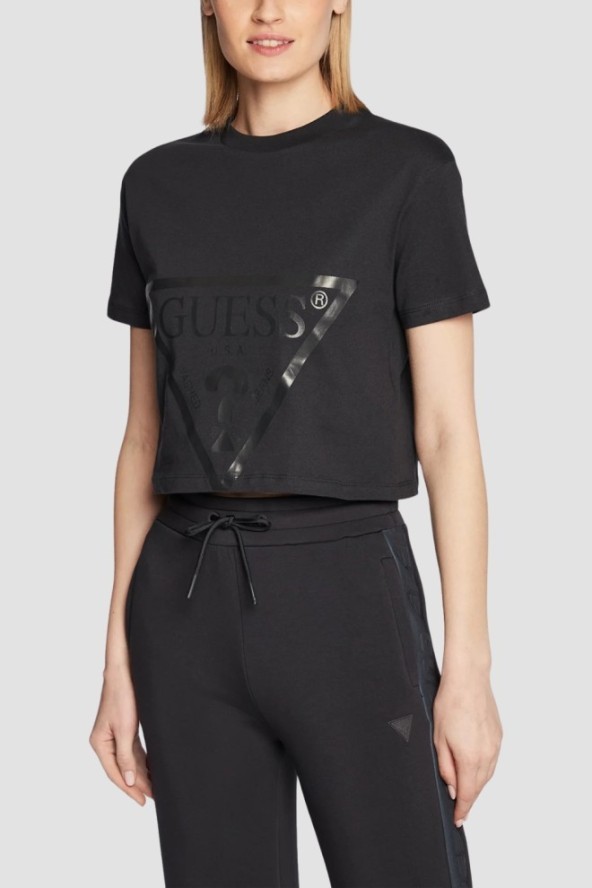 GUESS Czarny bawełniany t-shirt damski Adele Crop, Rozmiar L