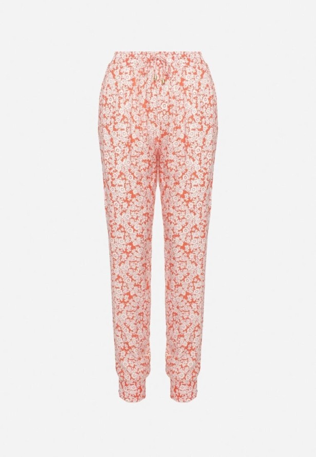 Pomarańczowe Kwiatowe Spodnie z Wiskozy Wykończone Gumką w Talii Rivattha