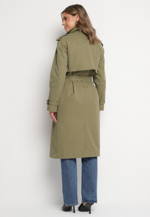 Ciemnozielony Płaszcz Trencz z Wiskozą o Klasycznym Kroju z Paskiem Mabbea