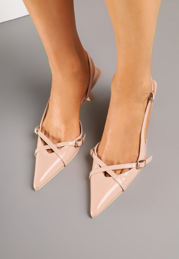 Ciemnobeżowe Sandały Slingback na Kaczuszce ze Szpiczastym Noskiem ze Sprzączkami Deyline