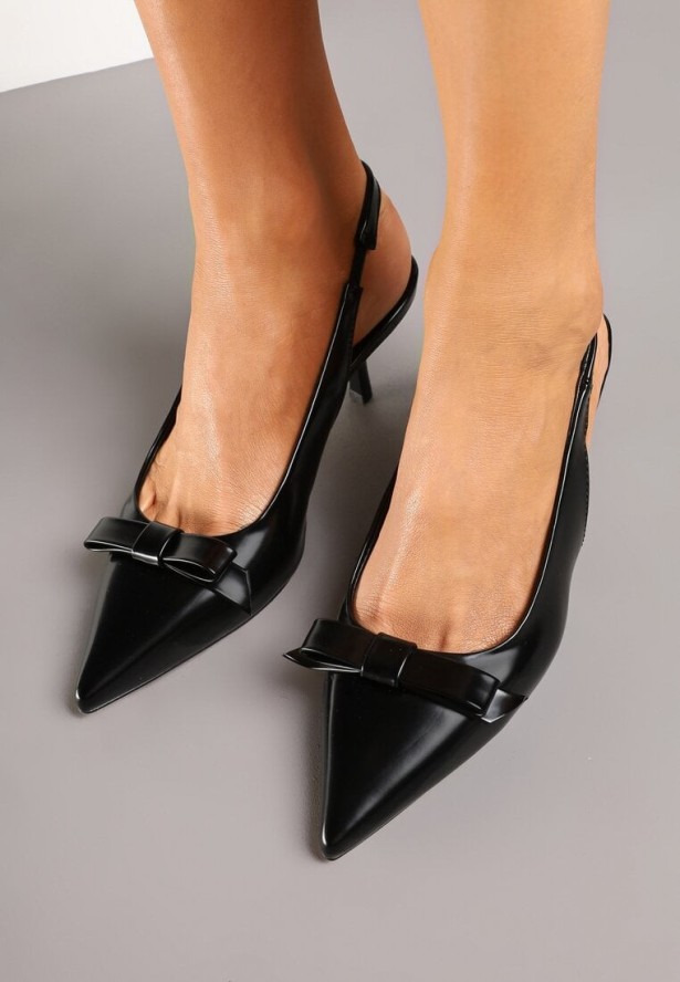 Czarne Sandały Sling-Back na Szpilce Kaczuszce z Ozdobną Kokardką Avienne