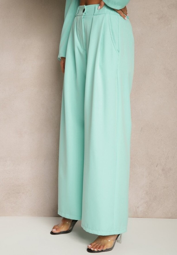 Jasnozielone Szerokie Spodnie High Waist o Garniturowym Kroju z Zakładkami Uliadorea