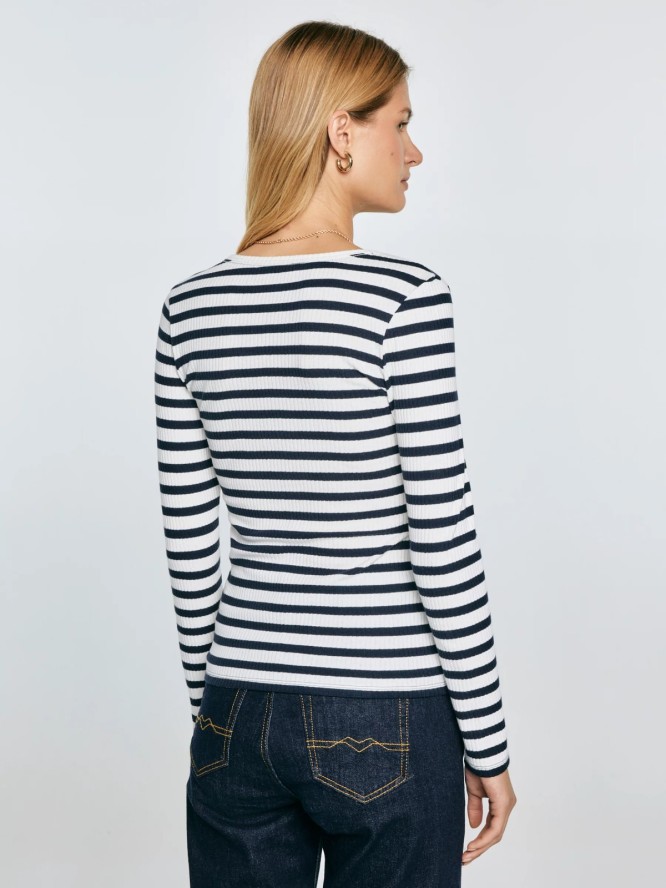 Bluzka damska z dekolotem v-neck w paski granatowa Mella 403