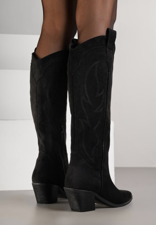 Czarne Kozaki Kowbojki na Stożku z Haftem na Cholewce Gallessa