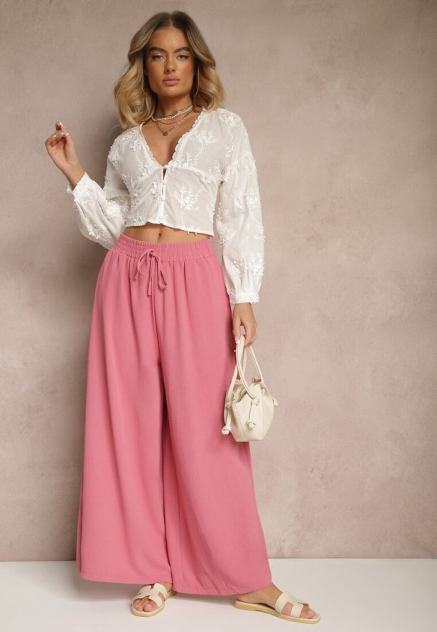 Różowe Spodnie Palazzo o Szerokim Kroju Ozdobione Sznurkiem Ularira