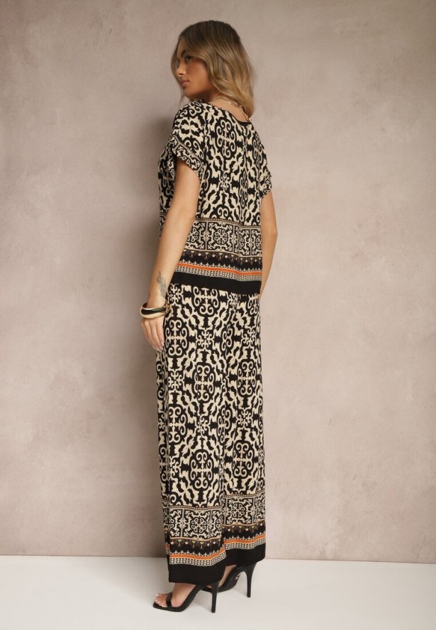 Czarny Komplet Spodnie i Bluzka z Bawełny w Ornamentalny Print Nanitria