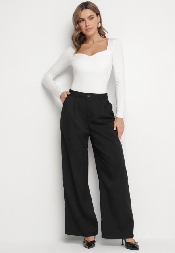 Czarne Spodnie Garniturowe o Prostych Nogawkach z Wysokim Stanem Falzemira