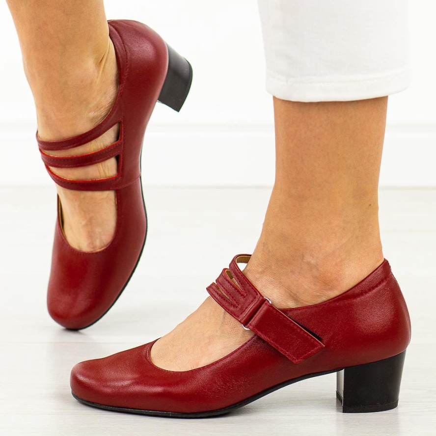 Czerwone skórzane Polskie czółenka damskie na obcasie Gregors 1104