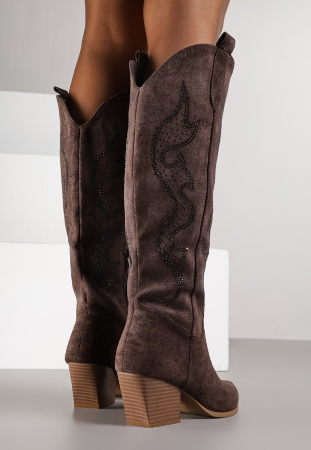 Brązowe Kozaki Kowbojki na Stożku z Cholewką z Cyrkoniami Nalikka