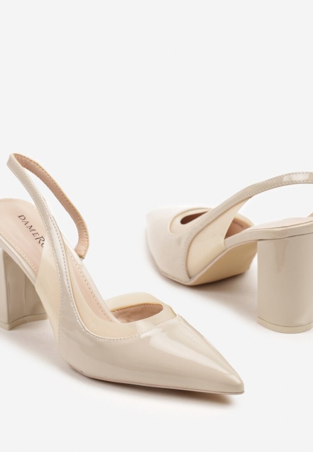 Jasnobeżowe Sandały Lakierowane na Słupku typu Slingback Dralzedi