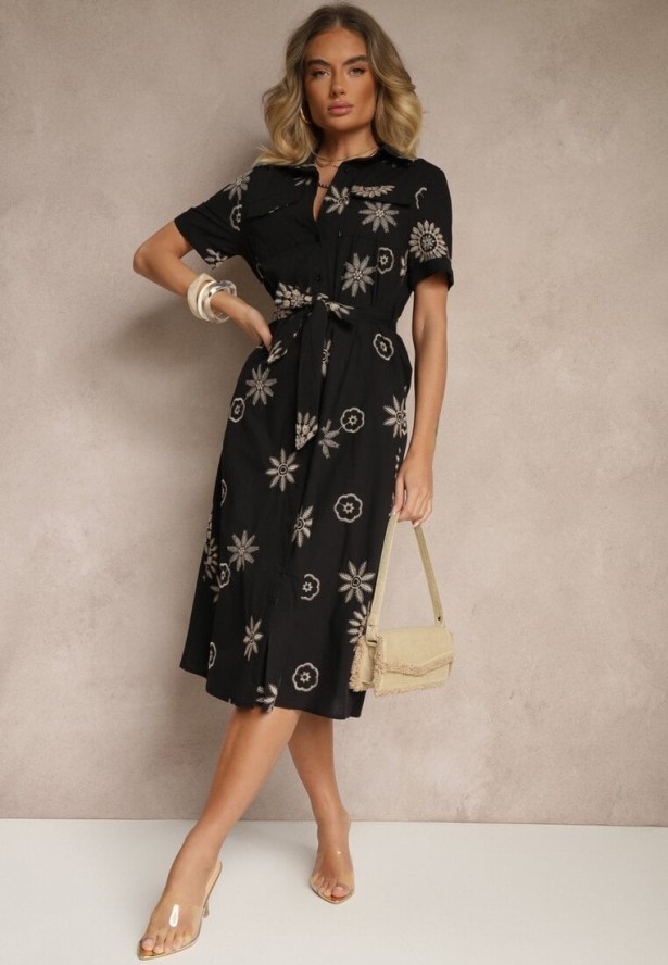 Czarna Wiskozowa Sukienka Koszulowa Ozdobiona Paskiem i Haftem Divaloria