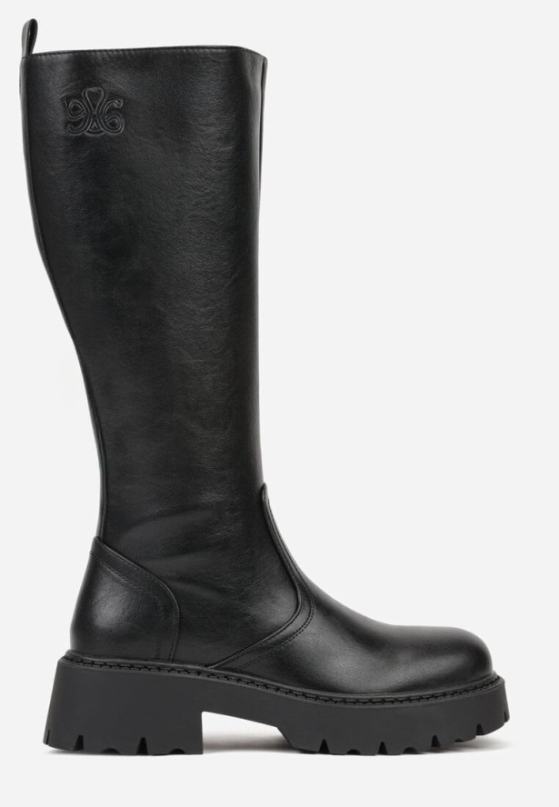 Czarne Kozaki VICES na Platformie z Tłoczonym Zdobieniem przy Cholewce Uniresa