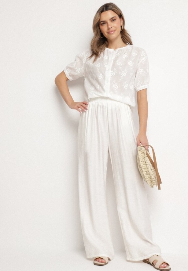 Biała Bawełniana Koszula o Krótkim Kroju z Krótkim Rękawem Zdobiona Haftem Zevaline