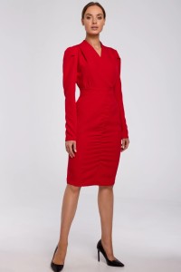 Elegancka mocno marszczona sukienka z dekoltem V czerwona