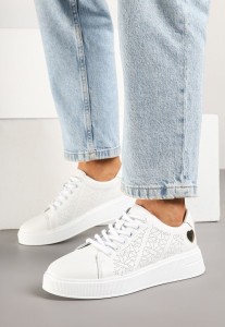 Białe Sneakersy ze Skórzaną Wkładką Sercem i Cyrkoniami Giraval