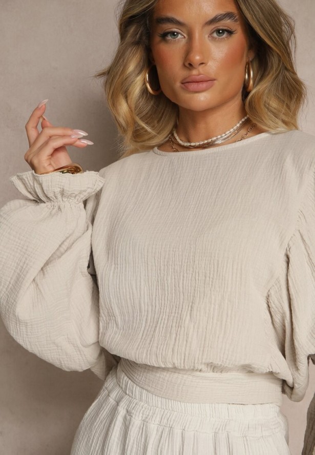 Beżowa Bawełniana Bluzka Typu Nietoperz z Wiązaniem Sepionna