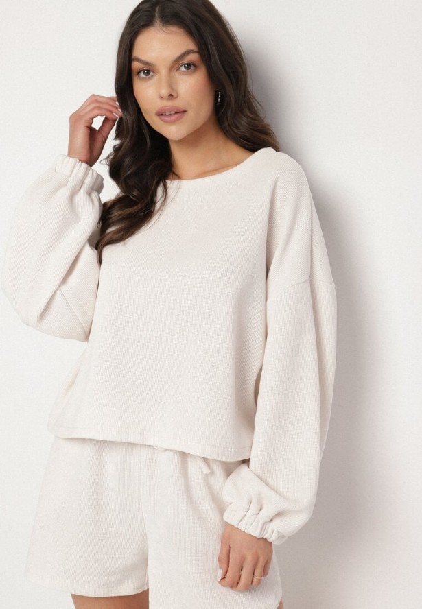 Jasnobeżowy Dzianinowy Komplet Bluza i Szorty Novanisa