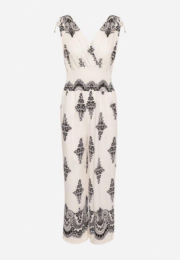 Jasnobeżowy Kombinezon w Orientalny Wzór z Dekoltem w Serek Izena