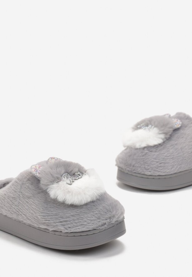 Szare Płaskie Kapcie z Aplikacją 3D w Kształcie Króliczka Munere