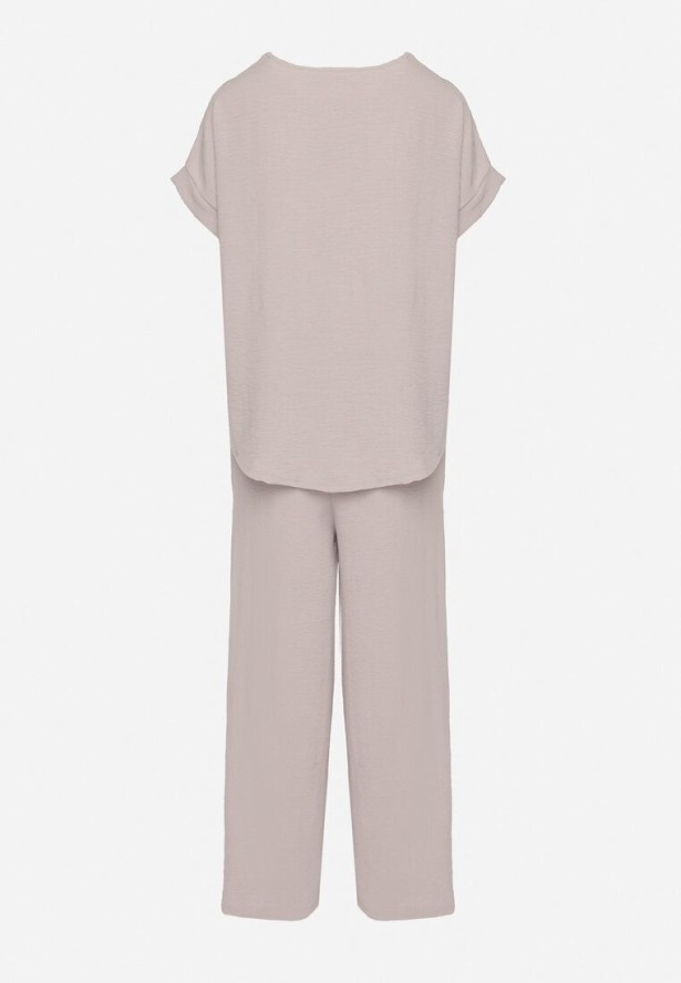 Jasnoszary Komplet z Wiskozą Koszulka z Krótkim Rękawem i Luźne Spodnie na Gumce z Kieszniami Efraline