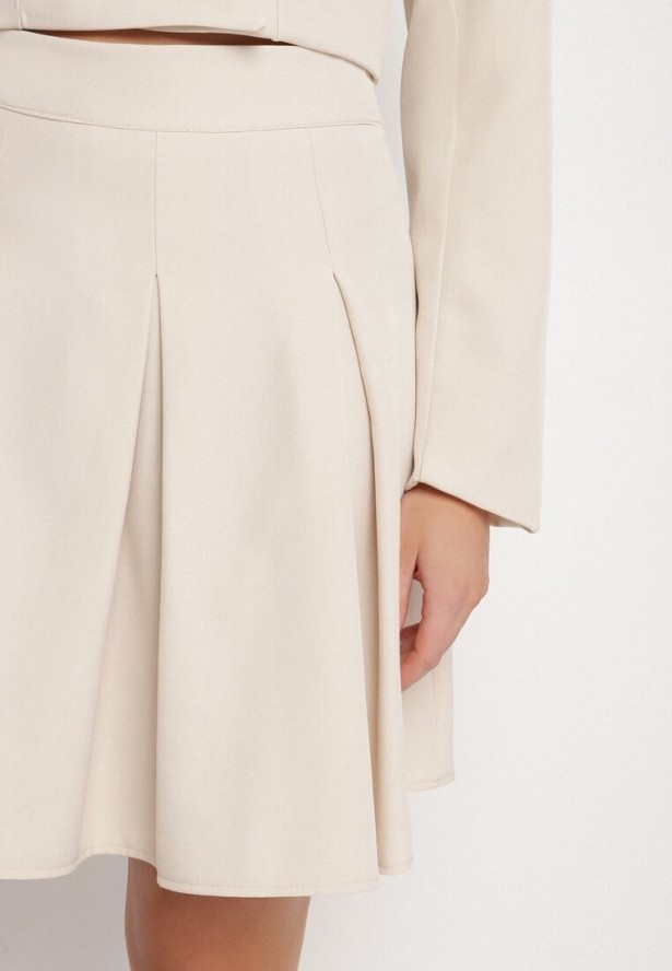 Beżowa Rozkloszowana Spódnica z Wysokim Stanem i Plisami Redava