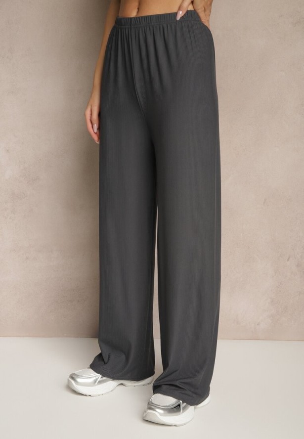 Ciemnoszary Komplet Koszulka ze Ściągaczem Szerokie Spodnie z Gumką w Talii Tolan