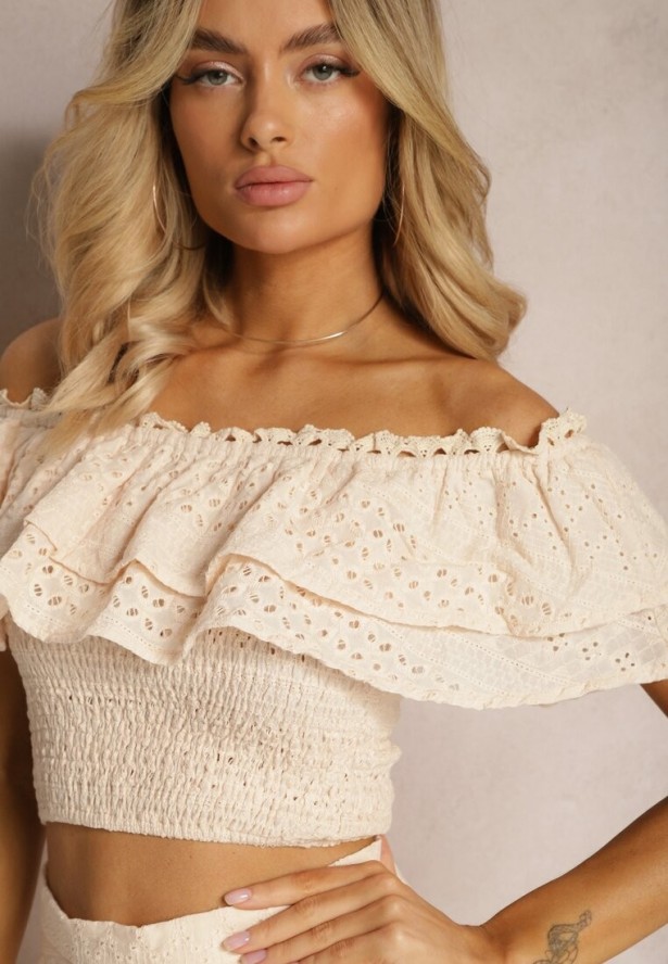 Beżowy 2-częściowy Komplet Top Hiszpanka i Spódnica z Haftowanej Tkaniny Tamimas