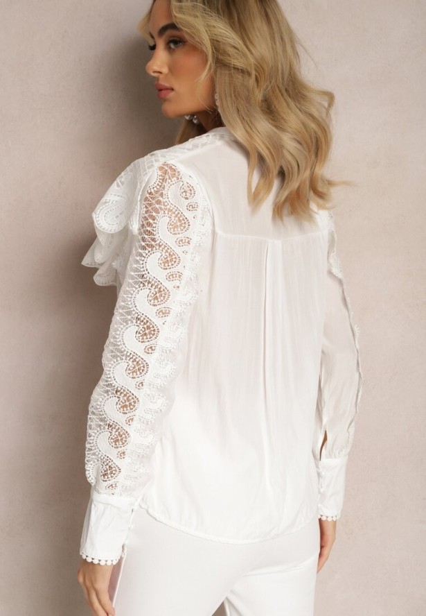 Biała Koszula z Falbanką i Koronką Nido