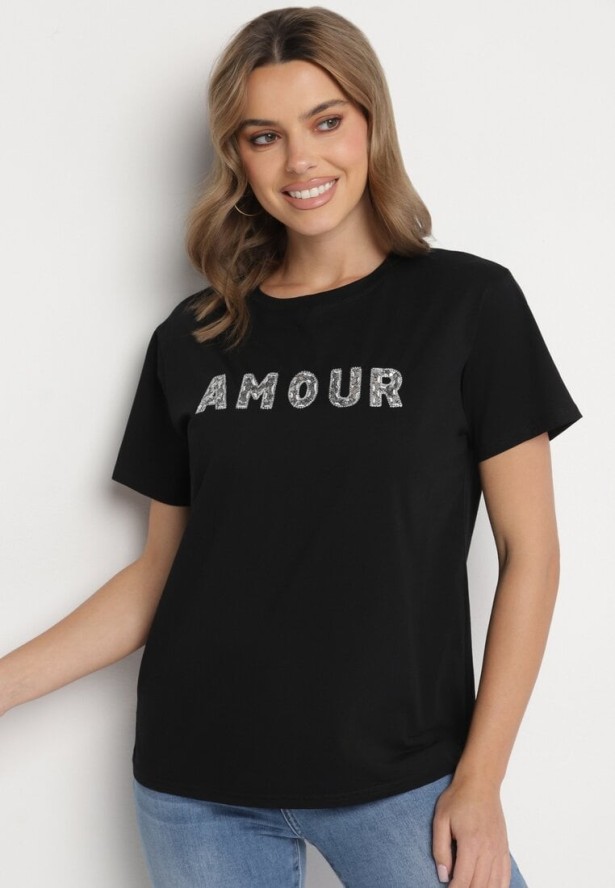 Czarny T-shirt z Bawełny Ozdobiony Haftowanym Napisem z Cekinami Marisiana