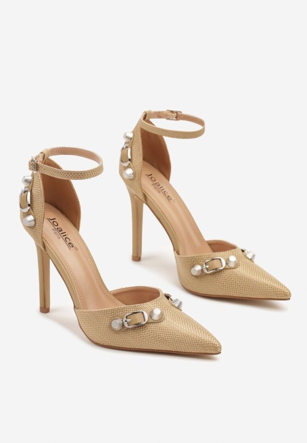 Beżowe Szpilki z Plecionką i Metalicznymi Klamrami Ellirna