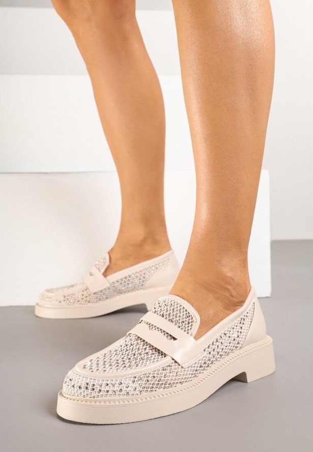 Beżowe Mokasyny z Ozdobną Siateczką Pokrytą Cyrkoniami Senarisea