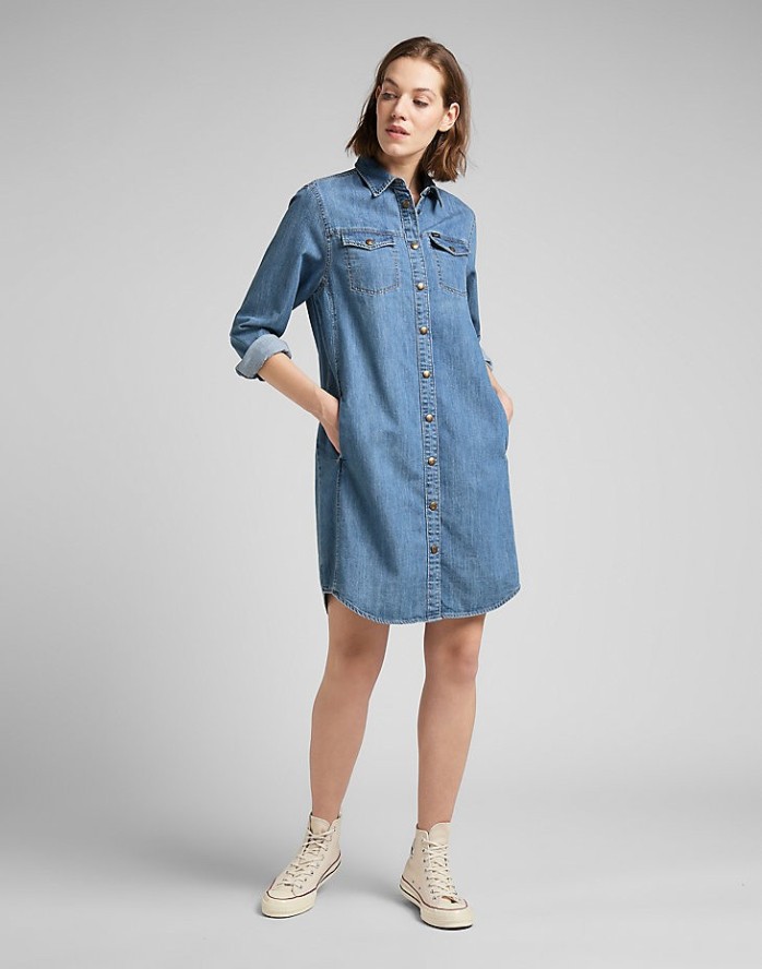 LEE SHIRT DRESS DAMSKA SUKIENKA JEANSOWA DŻINS MID STONE L50DPLVK 112145226