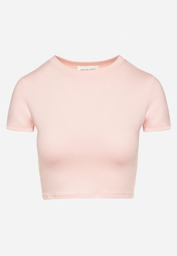 Różowy T-shirt z Wiskozą o Dopasowanym Kroju Typu Crop Top Folirra