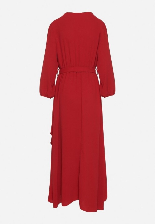 Czerwona Kopertowa Asymetryczna Sukienka Koktajlowa z Wiskozą Ozdobiona Paskiem Lanoresa