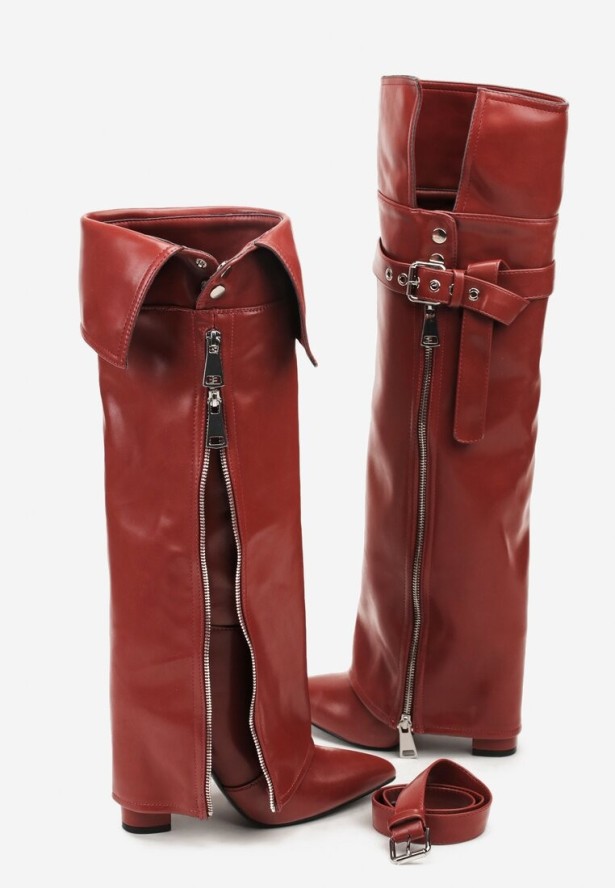 Bordowe Kozaki Kowbojki na Słupku Ozdobione Suwakiem Klamrą i Wywiniętą Cholewką Kelvila