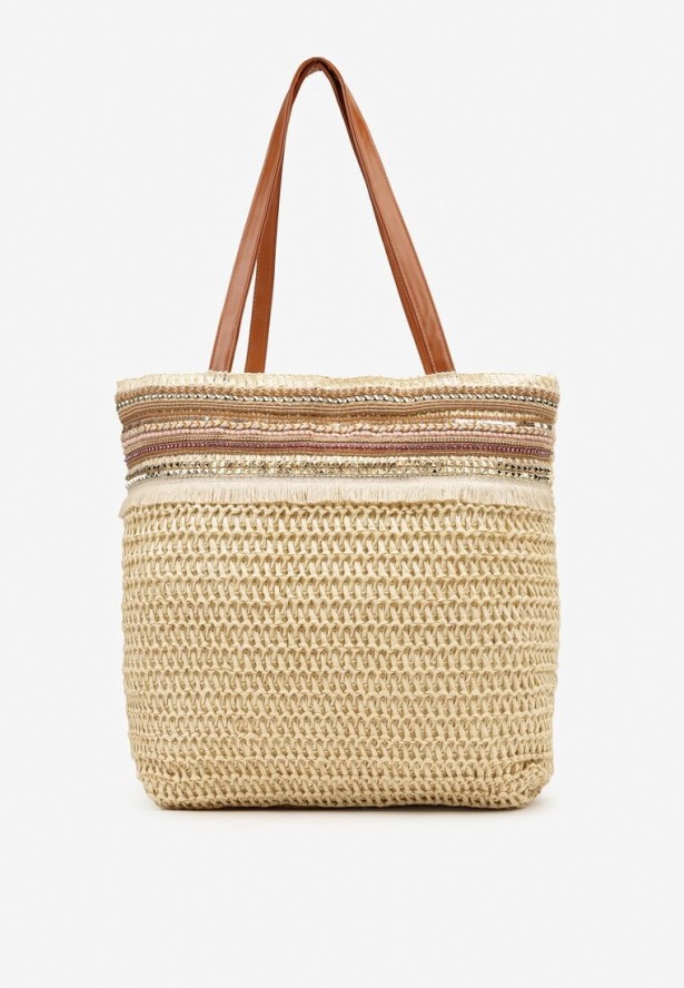 Beżowa Pleciona Duża Torebka Ozdobiona Frędzlami Rivarasia