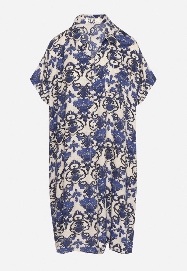 Granatowa Pudełkowa Sukienka Koszulowa z Wiskozy w Ornamentalny Print Vanisse