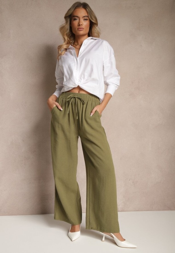 Zielone Szerokie Spodnie Palazzo High Waist z Ozdobnym Wiązaniem Arandiel