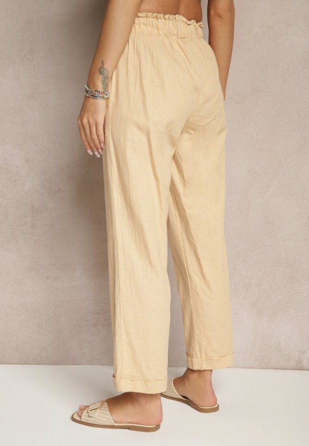 Beżowe Spodnie z Bawełny High Waist z Wiązaniem Tyswia